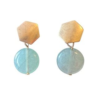 New Brass hexagon shape Gold Tone jade circle dangle Earrings